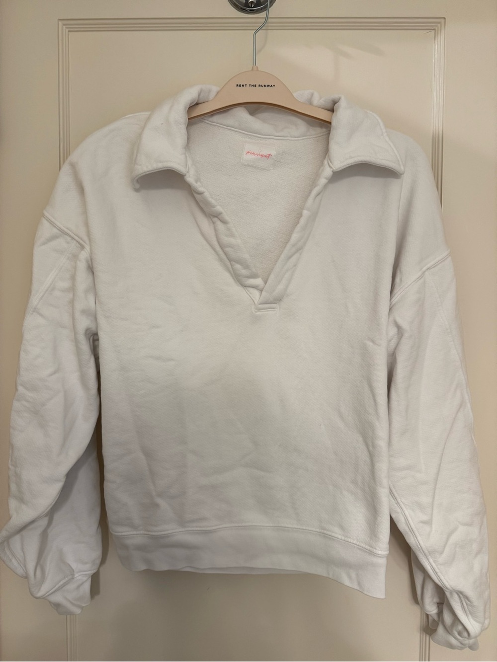Free People White Collared V-Neck Pullover Sweatshirt